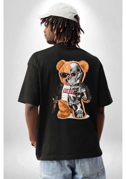 Terminatör Oyuncak Ayı Kadın Erkek Ön Minimal Sırt Baskılı Siyah Pamuklu Tişört fiyatları