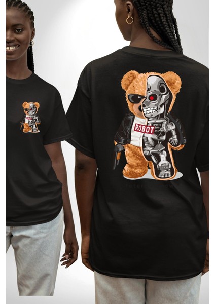 Terminatör Oyuncak Ayı Kadın Erkek Ön Minimal Sırt Baskılı Siyah Pamuklu Tişört fırsatları