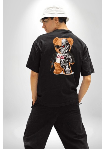 Terminatör Oyuncak Ayı Kadın Erkek Ön Minimal Sırt Baskılı Siyah Pamuklu Tişört indirimleri