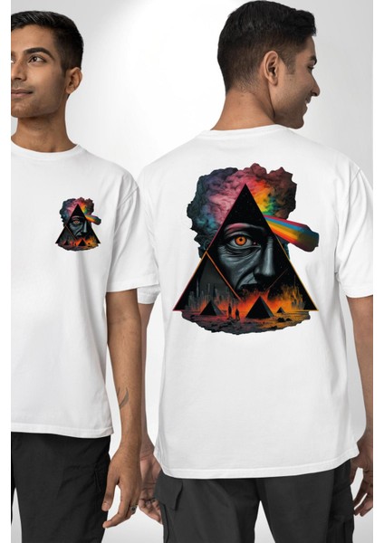 Gökkuşağı Mısır Piramitleri Mistik Kadın Erkek Ön Minimal Sırt Baskılı Beyaz Pamuklu Tişört