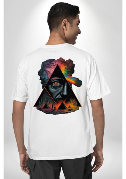 Gökkuşağı Mısır Piramitleri Mistik Kadın Erkek Ön Minimal Sırt Baskılı Beyaz Pamuklu Tişört fiyatları