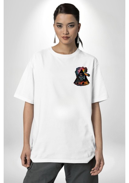 Gökkuşağı Mısır Piramitleri Mistik Kadın Erkek Ön Minimal Sırt Baskılı Beyaz Pamuklu Tişört modelleri