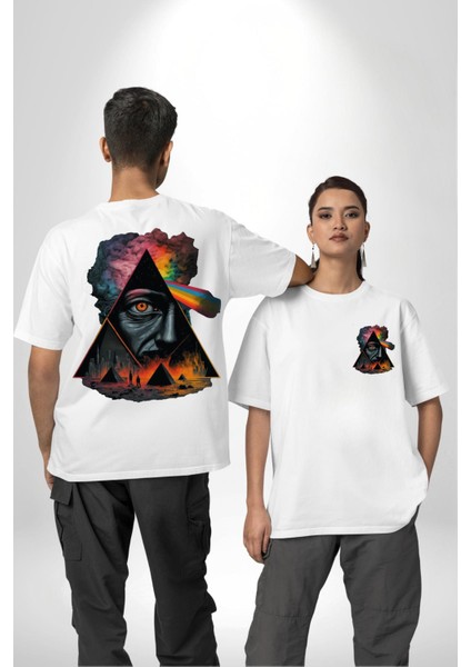 Gökkuşağı Mısır Piramitleri Mistik Kadın Erkek Ön Minimal Sırt Baskılı Beyaz Pamuklu Tişört fırsatları
