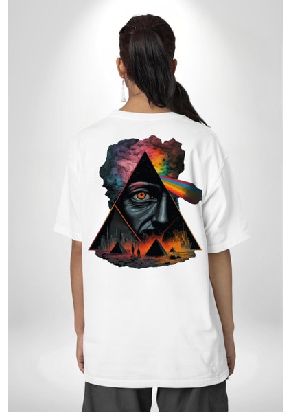 Gökkuşağı Mısır Piramitleri Mistik Kadın Erkek Ön Minimal Sırt Baskılı Beyaz Pamuklu Tişört indirimleri