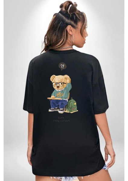Sadece Meraklı Kal Öğrenci Tatlı Oyuncak Ayı Kadın Erkek Ön Minimal Sırt Baskılı Siyah Pamuklu Tişört fiyatları
