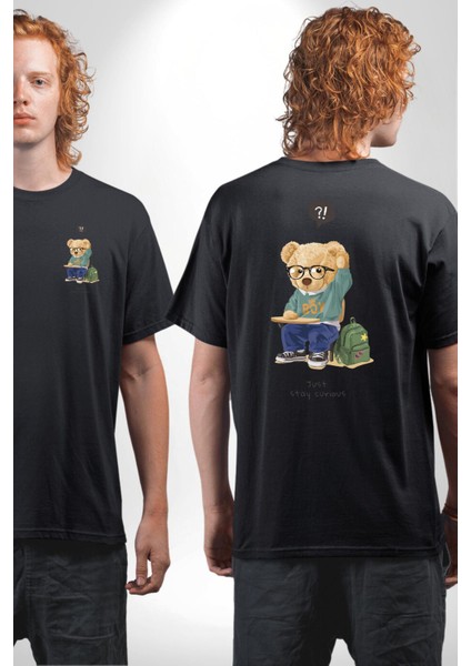 Sadece Meraklı Kal Öğrenci Tatlı Oyuncak Ayı Kadın Erkek Ön Minimal Sırt Baskılı Siyah Pamuklu Tişört fırsatları