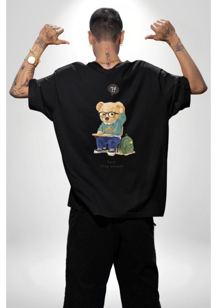 Sadece Meraklı Kal Öğrenci Tatlı Oyuncak Ayı Kadın Erkek Ön Minimal Sırt Baskılı Siyah Pamuklu Tişört indirimleri