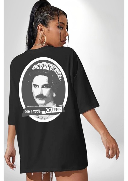 Tanrı Queen I Korusun Freddie Mercury Kadın Erkek Ön Minimal Sırt Baskılı Siyah Pamuklu Tişört indirimleri