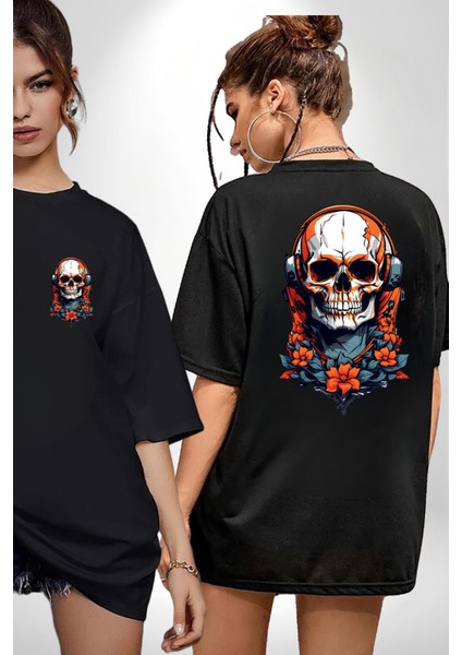 Müzik Dinleyen Havalı Kurukafa Kadın Erkek Ön Minimal Sırt Baskılı Siyah Pamuklu Tişört