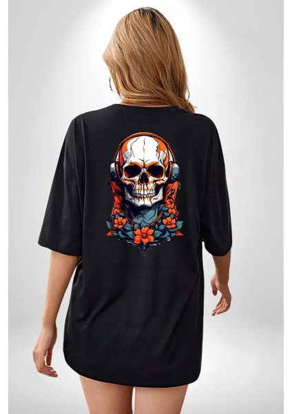 Müzik Dinleyen Havalı Kurukafa Kadın Erkek Ön Minimal Sırt Baskılı Siyah Pamuklu Tişört fiyatları