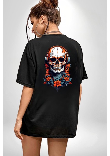 Müzik Dinleyen Havalı Kurukafa Kadın Erkek Ön Minimal Sırt Baskılı Siyah Pamuklu Tişört fırsatları