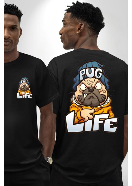Pug Yaşamı Sokak Tarzı Kadın Erkek Ön Minimal Sırt Baskılı Siyah Pamuklu Tişört