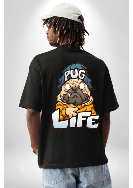Pug Yaşamı Sokak Tarzı Kadın Erkek Ön Minimal Sırt Baskılı Siyah Pamuklu Tişört fiyatları