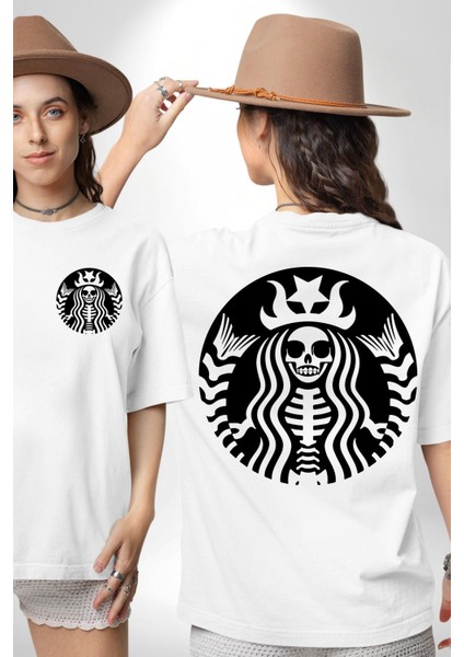 Iskelet Kadın Kraliçe Kafe Logo Kadın Erkek Ön Minimal Sırt Baskılı Beyaz Pamuklu Tişört