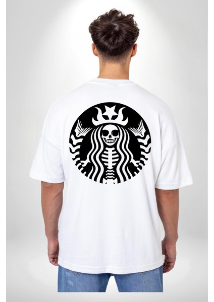 Iskelet Kadın Kraliçe Kafe Logo Kadın Erkek Ön Minimal Sırt Baskılı Beyaz Pamuklu Tişört fiyatları