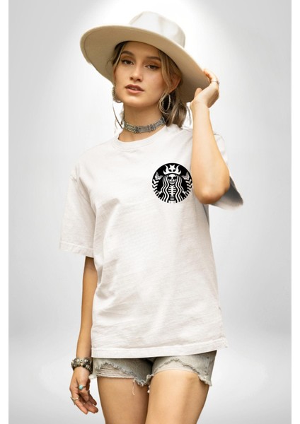 Iskelet Kadın Kraliçe Kafe Logo Kadın Erkek Ön Minimal Sırt Baskılı Beyaz Pamuklu Tişört modelleri