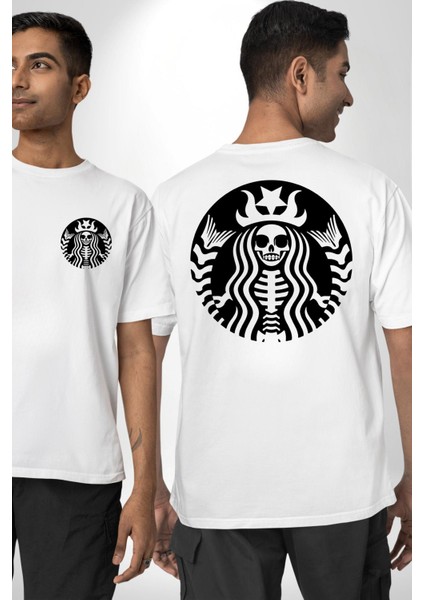 Iskelet Kadın Kraliçe Kafe Logo Kadın Erkek Ön Minimal Sırt Baskılı Beyaz Pamuklu Tişört fırsatları