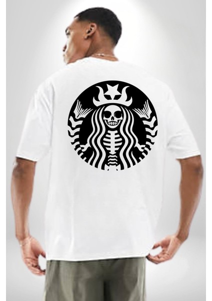 Iskelet Kadın Kraliçe Kafe Logo Kadın Erkek Ön Minimal Sırt Baskılı Beyaz Pamuklu Tişört indirimleri