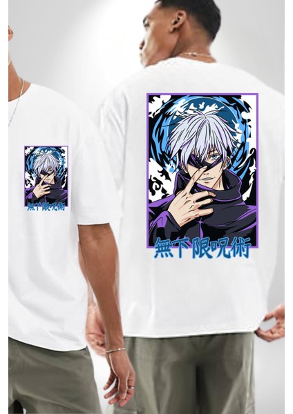 Satoru Gojo Jujutsu Kaisen Anime Kadın Erkek Ön Minimal Sırt Baskılı Beyaz Pamuklu Tişört