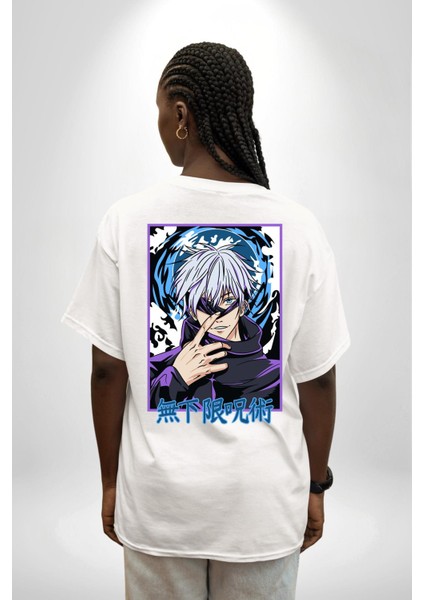 Satoru Gojo Jujutsu Kaisen Anime Kadın Erkek Ön Minimal Sırt Baskılı Beyaz Pamuklu Tişört fiyatları