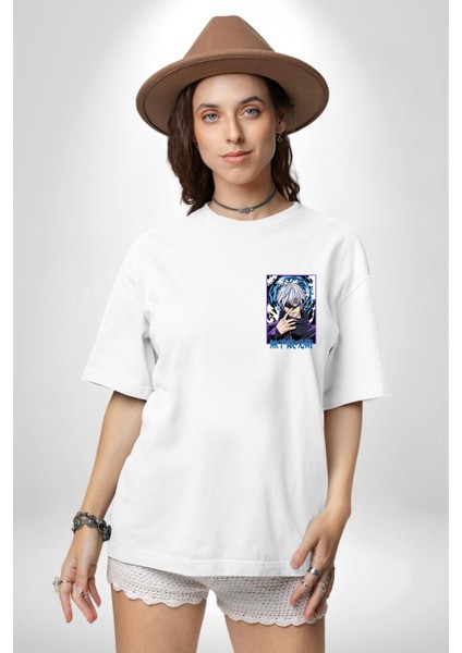 Satoru Gojo Jujutsu Kaisen Anime Kadın Erkek Ön Minimal Sırt Baskılı Beyaz Pamuklu Tişört modelleri