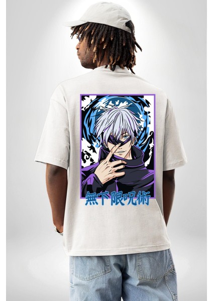 Satoru Gojo Jujutsu Kaisen Anime Kadın Erkek Ön Minimal Sırt Baskılı Beyaz Pamuklu Tişört indirimleri