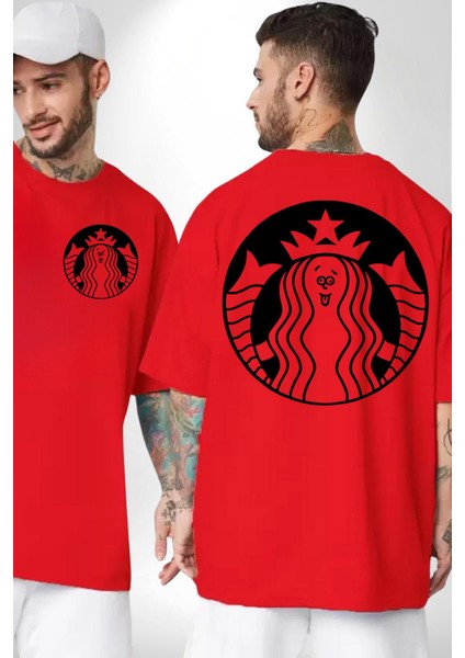 Komik Kadın Kafe Logo Kadın Erkek Ön Minimal Sırt Baskılı Kırmızı Pamuklu Tişört