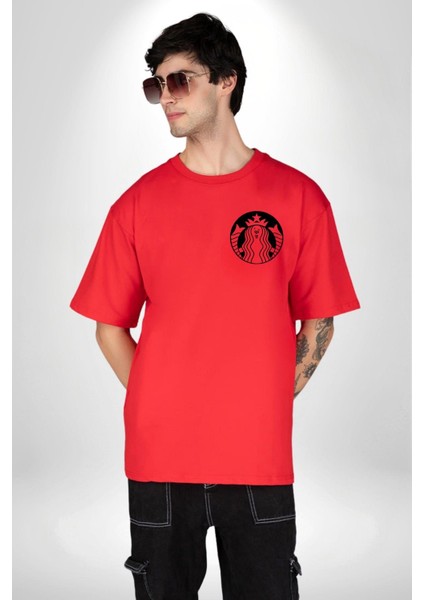 Komik Kadın Kafe Logo Kadın Erkek Ön Minimal Sırt Baskılı Kırmızı Pamuklu Tişört modelleri