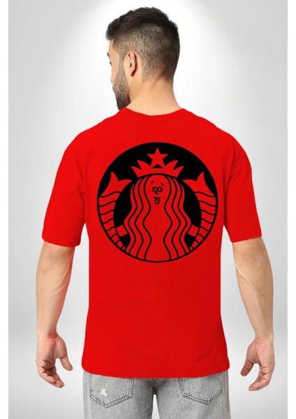 Komik Kadın Kafe Logo Kadın Erkek Ön Minimal Sırt Baskılı Kırmızı Pamuklu Tişört indirimleri