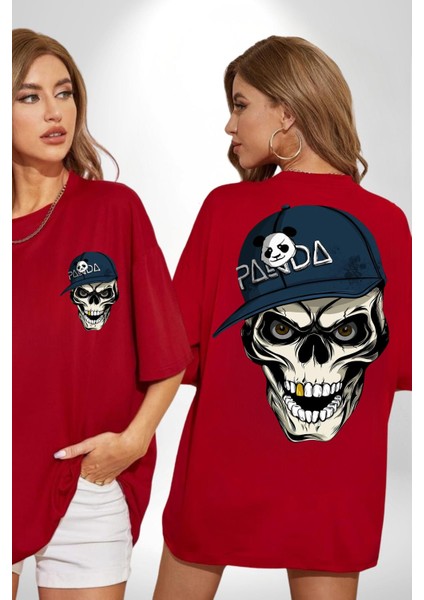 Panda Şapkalı Iskelet Adam Kadın Erkek Ön Minimal Sırt Baskılı Kırmızı Pamuklu Tişört