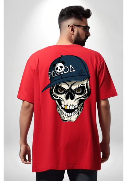 Panda Şapkalı Iskelet Adam Kadın Erkek Ön Minimal Sırt Baskılı Kırmızı Pamuklu Tişört fiyatları
