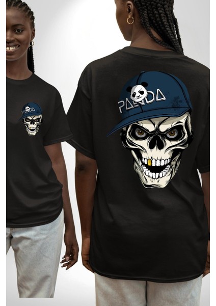 Panda Şapkalı Iskelet Adam Kadın Erkek Ön Minimal Sırt Baskılı Siyah Pamuklu Tişört