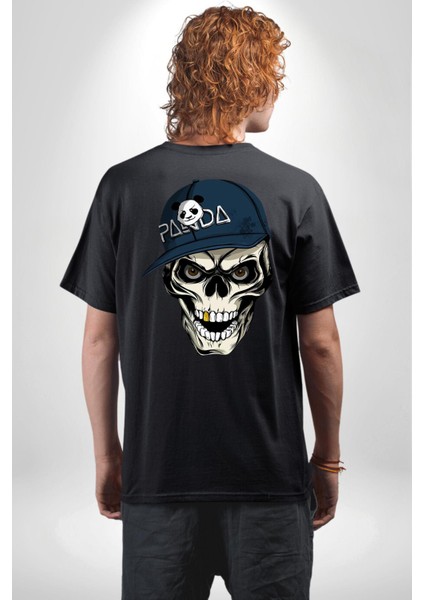 Panda Şapkalı Iskelet Adam Kadın Erkek Ön Minimal Sırt Baskılı Siyah Pamuklu Tişört fiyatları