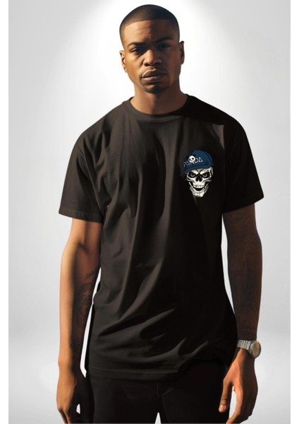 Panda Şapkalı Iskelet Adam Kadın Erkek Ön Minimal Sırt Baskılı Siyah Pamuklu Tişört modelleri