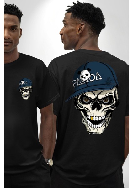 Panda Şapkalı Iskelet Adam Kadın Erkek Ön Minimal Sırt Baskılı Siyah Pamuklu Tişört fırsatları