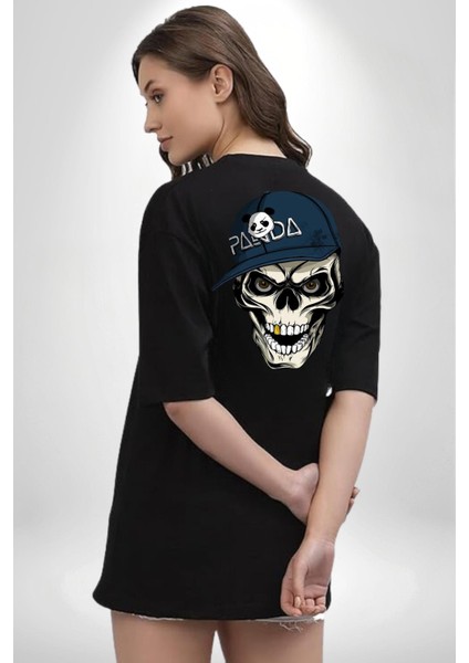 Panda Şapkalı Iskelet Adam Kadın Erkek Ön Minimal Sırt Baskılı Siyah Pamuklu Tişört indirimleri