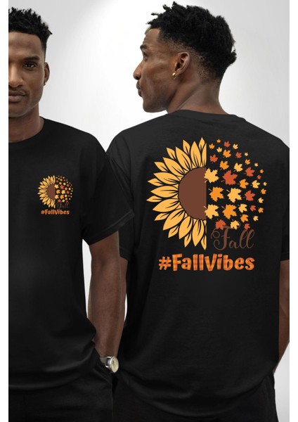 Ay Çiçeği Sonbahar Tutuşları Kadın Erkek Ön Minimal Sırt Baskılı Siyah Pamuklu Tişört