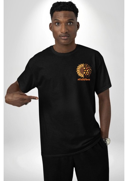 Ay Çiçeği Sonbahar Tutuşları Kadın Erkek Ön Minimal Sırt Baskılı Siyah Pamuklu Tişört modelleri