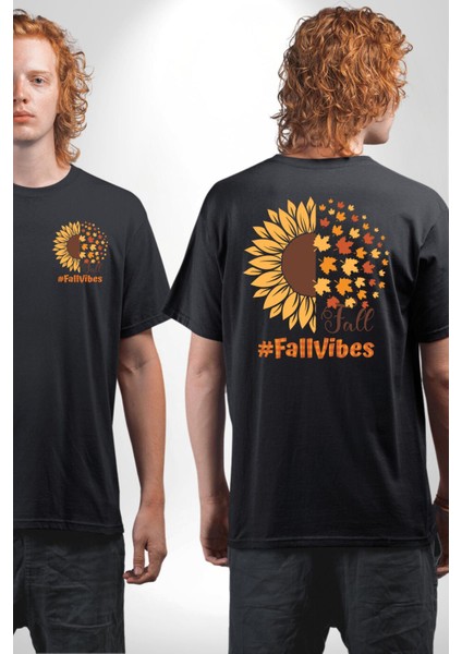 Ay Çiçeği Sonbahar Tutuşları Kadın Erkek Ön Minimal Sırt Baskılı Siyah Pamuklu Tişört fırsatları