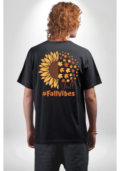 Ay Çiçeği Sonbahar Tutuşları Kadın Erkek Ön Minimal Sırt Baskılı Siyah Pamuklu Tişört indirimleri