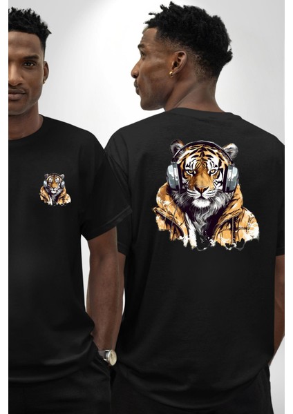 Montlu Kulaklıklı Havalı Kaplan Kadın Erkek Ön Minimal Sırt Baskılı Siyah Pamuklu Tişört