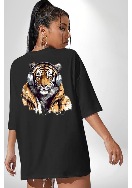 Montlu Kulaklıklı Havalı Kaplan Kadın Erkek Ön Minimal Sırt Baskılı Siyah Pamuklu Tişört indirimleri