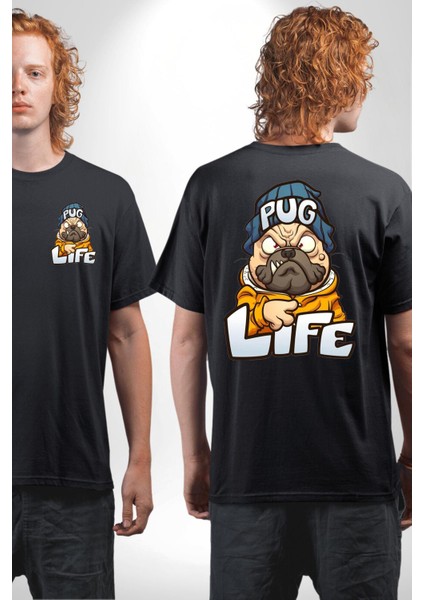 Pug Yaşamı Sokak Tarzı Kadın Erkek Ön Minimal Sırt Baskılı Siyah Pamuklu Tişört fırsatları