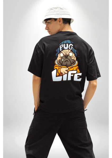 Pug Yaşamı Sokak Tarzı Kadın Erkek Ön Minimal Sırt Baskılı Siyah Pamuklu Tişört indirimleri