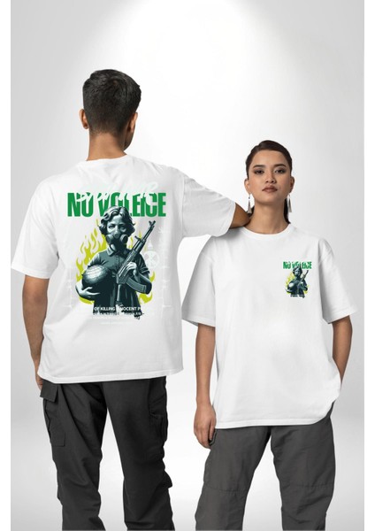 Savaşı Durdurun Şiddete Hayır Barış Kadın Erkek Ön Minimal Sırt Baskılı Beyaz Pamuklu Tişört