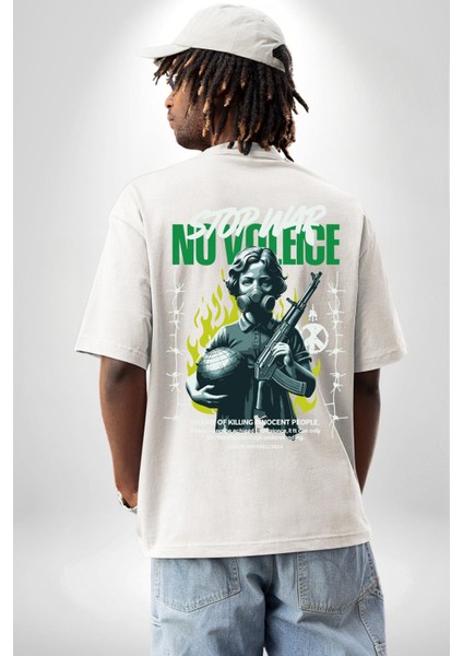 Savaşı Durdurun Şiddete Hayır Barış Kadın Erkek Ön Minimal Sırt Baskılı Beyaz Pamuklu Tişört fiyatları