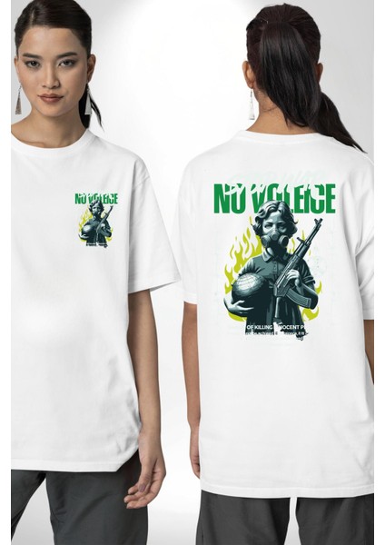 Savaşı Durdurun Şiddete Hayır Barış Kadın Erkek Ön Minimal Sırt Baskılı Beyaz Pamuklu Tişört fırsatları