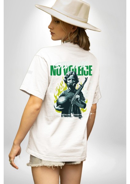 Savaşı Durdurun Şiddete Hayır Barış Kadın Erkek Ön Minimal Sırt Baskılı Beyaz Pamuklu Tişört indirimleri