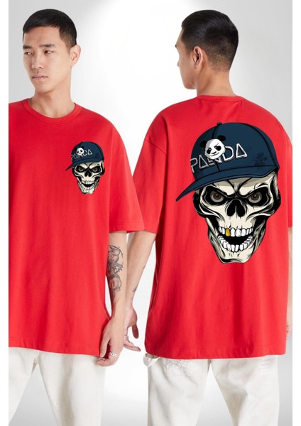 Panda Şapkalı Iskelet Adam Kadın Erkek Ön Minimal Sırt Baskılı Kırmızı Pamuklu Tişört fırsatları