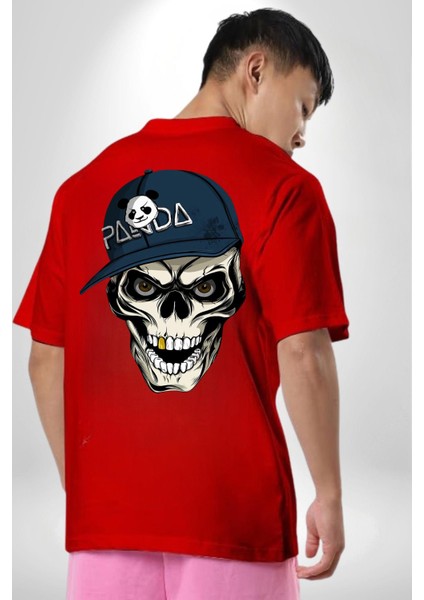 Panda Şapkalı Iskelet Adam Kadın Erkek Ön Minimal Sırt Baskılı Kırmızı Pamuklu Tişört indirimleri